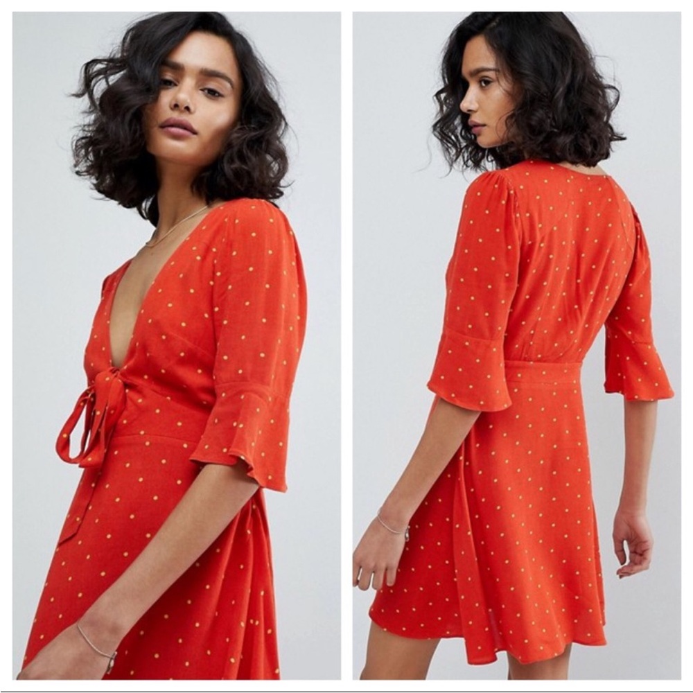 Free People All Yours Polka Dot Plunging Neckline Mini Dress Orange Size 10